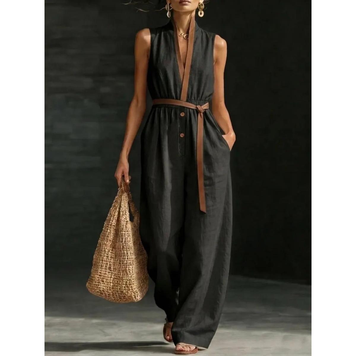 Women s Stand Collar Sleeveless Contrast Trim Drawstring Waist Wide Leg Solid Casual Long Jumpsuit S чёрный