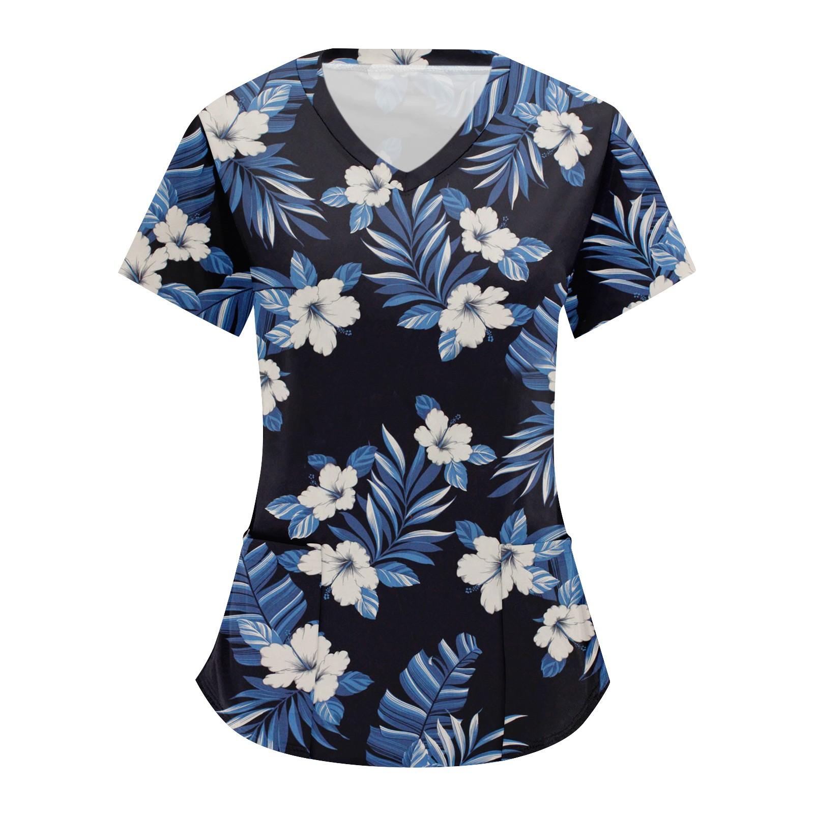 

Жіночий модний робочий одяг з V-подібним вирізом і короткими рукавами з принтованими кишенями XL