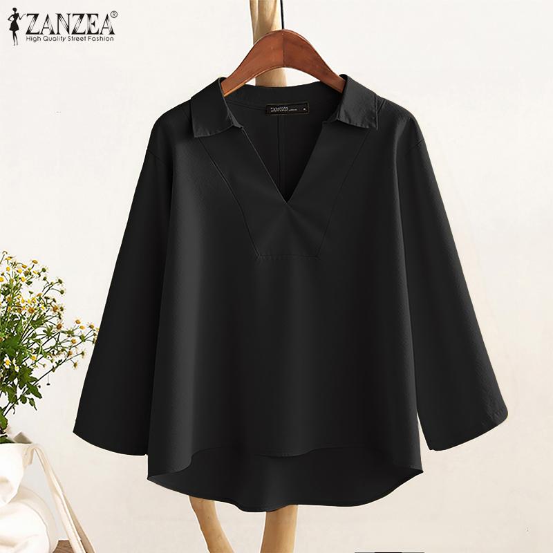 ZANZEA Women Casual Turn Down Collar Loose 3/4 Sleeve Cotton Blouse