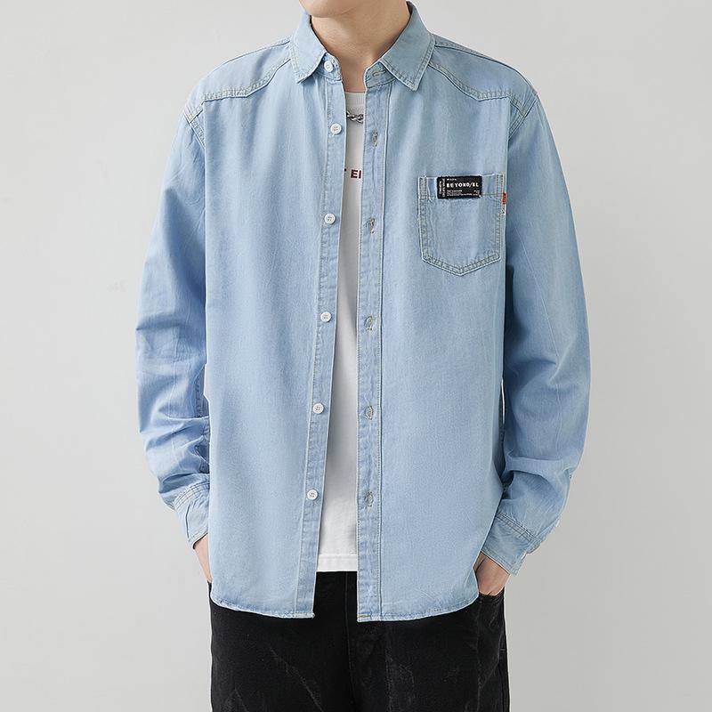 Men's Korean Slim Denim Shirt - Long-Sleeved, Lapel, Retro Style for Spring & Autumn