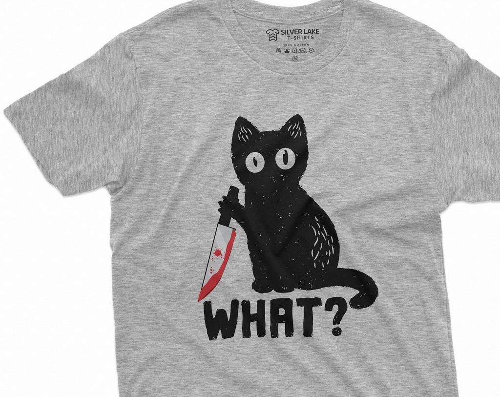 Funny Halloween Shirt What Cat with Bloody Knife Humor Shirt Halloween Outfit Tee Cat Lover Shirt