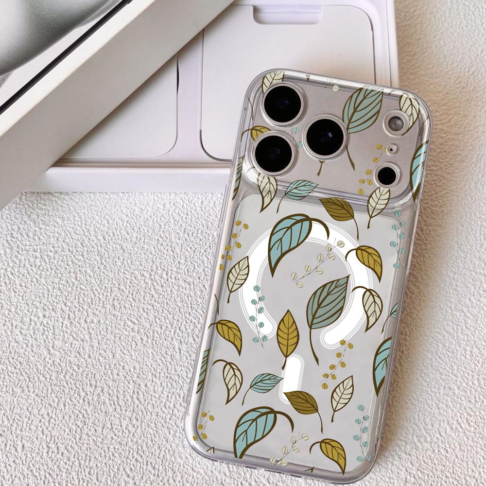 

Luxury Leafs Phone Case For iPhone 17 16 15 14 13 12 Pro Max Plus With Magnetic Crystal Clear Case Wireless Charge iPhone 11 Pro Max