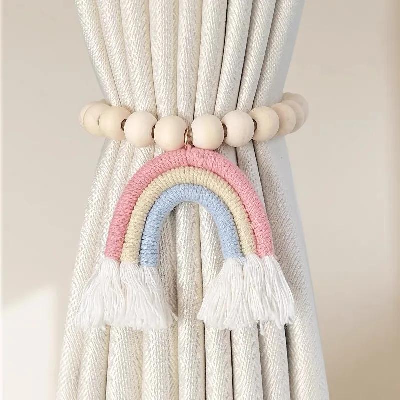 1pc Curtain Binding No Punch Hand-woven Three-color Rainbow Log French Tassel Binding Tape Cotton and Linen Magnetic Buckle