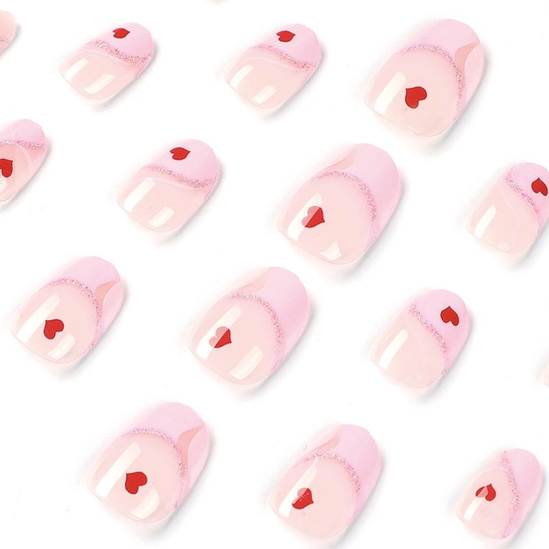 Nail art piece Pink edge French red small love fake nail piece Wear nail removable finished product