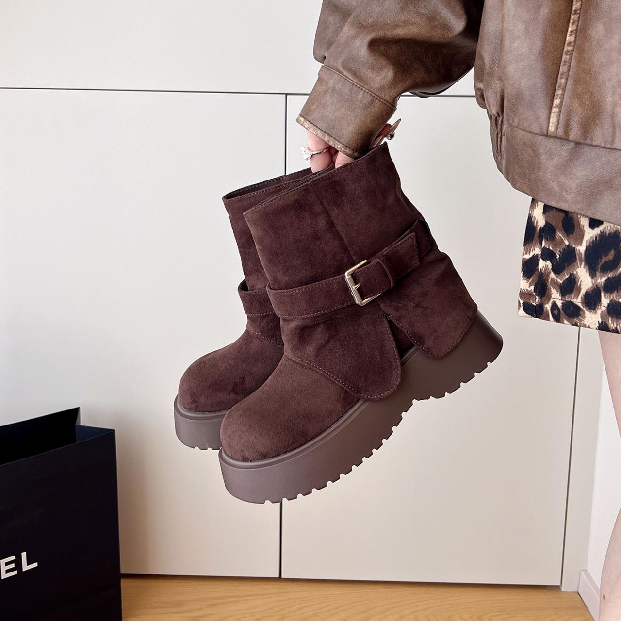 

Женские ботильоны на платформе, модные ботильоны на щиколотке с ремнем и пряжкой, обувь для увеличения роста, уличный стиль, женские ботильоны на массивном каблуке 35