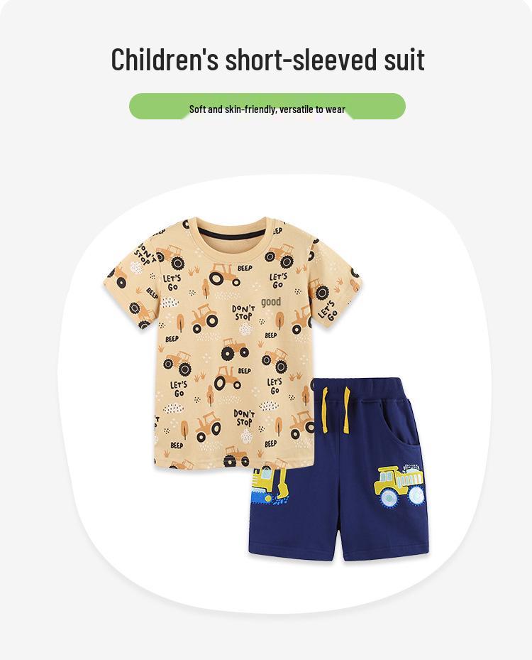 Cartoon Car Print Toddler T-shirt & Shorts Set - European Style, Knit Cotton, Two-Piece
