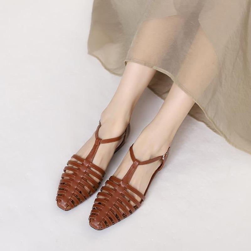 Fashion 2025 Summer New Hollow Out Woven Sandals Low Heels Women's Sandals Casual Outwear Retro Roman Shoes for Woman Sandalias Mujer