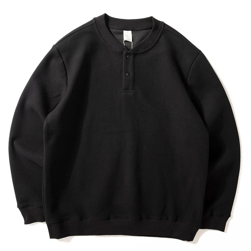 Henry Collar Sweatshirt for Men, Autumn Season, Heavy Texture Pullover Long-Sleeve Top, Waffle Pattern Casual Loose Base Layer Jacket, Trendy