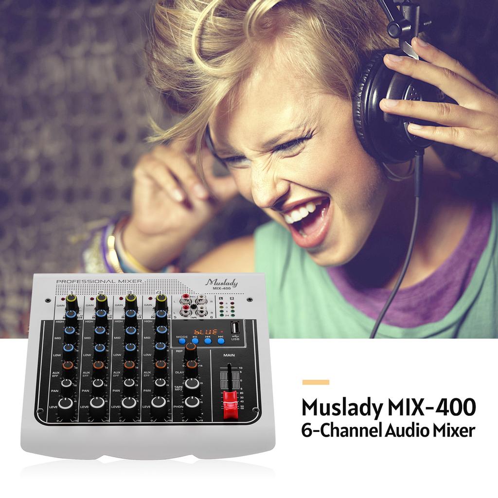 Muslady MIX-400 Professional 6-Channel Audio Mixer Mixing Console 3-Band EQ with Reverb Delay