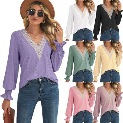 2024 European And American Autumn And Winter New Long Sleeved Loose Hollow Lace Patchwork V-Neck Lace Shirt For Women
