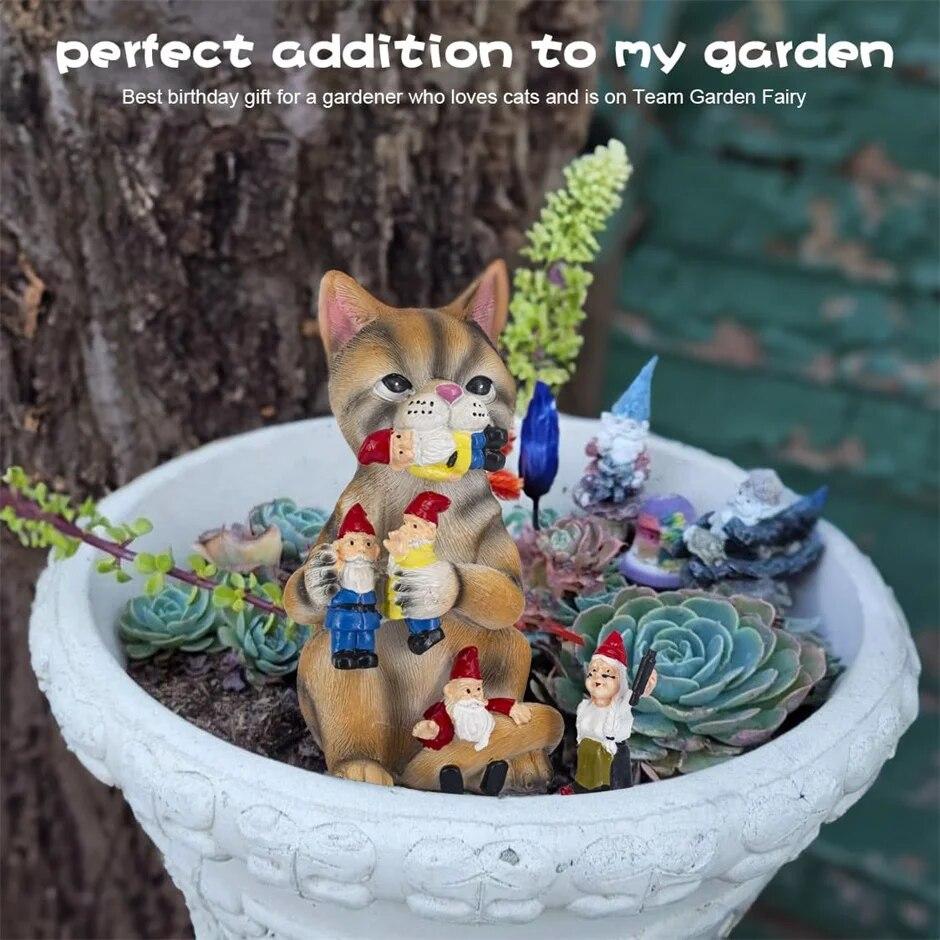 Zwerg mampfende, schelmische Katze, urkomische, katzenfressende Zwergenstatue aus Kunstharz, Gartenskulpturen, Statuen zur Einweihungsfeier von Katzenliebhabern