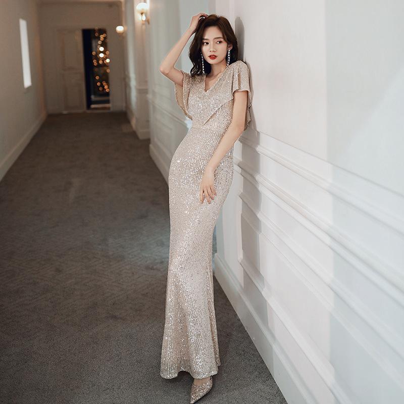 Fishtail Evening Dress Women's 1011 New Slim and Thin Temperament Celebrity Sequins Long Banquet Host Dress Skirt