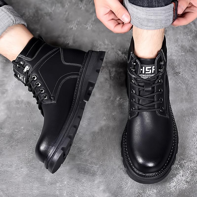 Golden Sapling British Style Warm Men's Boots Classics Black Leather Male Ankle Botas Outdoor Rouns Toe Thicken Plush Shoes Man