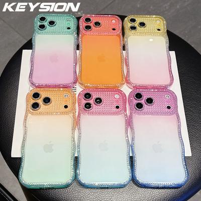 KEYSION Rhinestone Phone Case for iPhone 13 14 15 16 17 Pro Max 17 Air 16 Plus Transparent Wavy Lens Protector Shockproof Back Cover