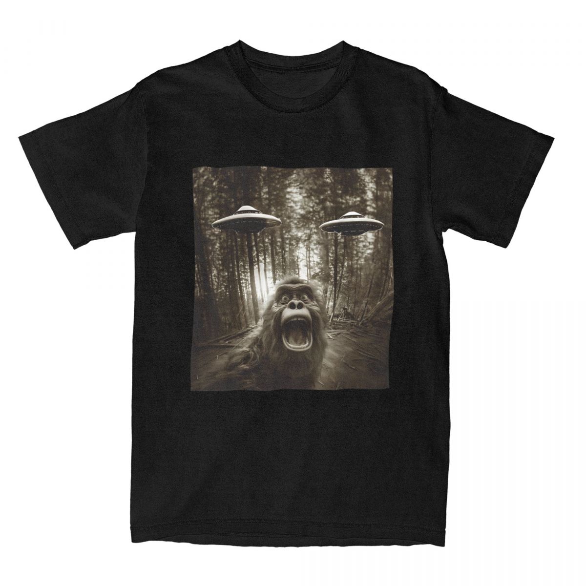 Funny Graphic Bigfoot Sasquatch Alien UFO T Shirts for Unisex Cotton Vintage TShirt Bigfoot Selfie Spaceships Tees Tops Printing S