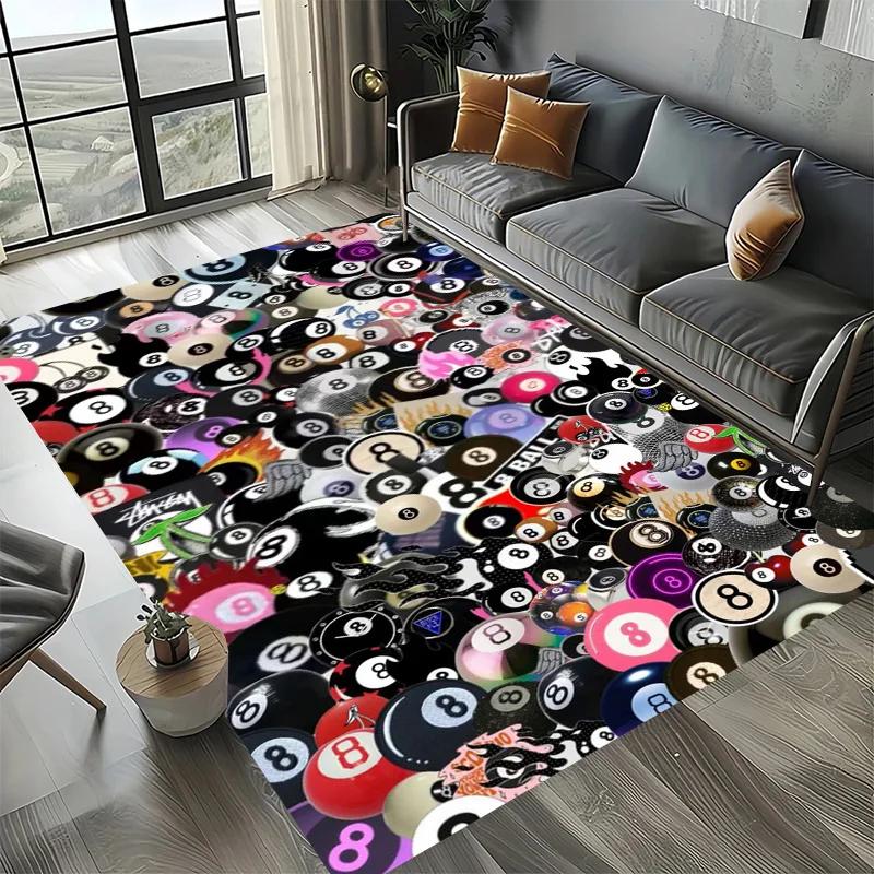 Large Washable Area Rug with Black Pool Ball 8 Design, Non-Slip Sofa Kitchen Toilet Carpet for Living Room Decoration