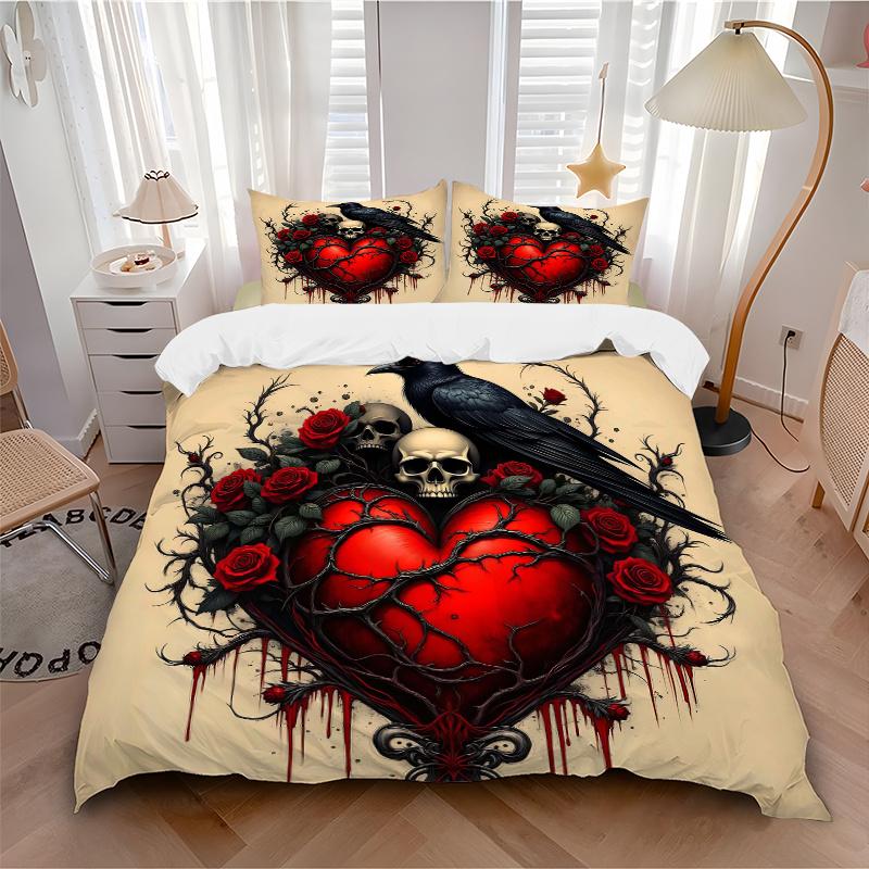 3pcs Gothic Heart with Ravens Skulls and Red Roses Printed Bedding Set, Soft and Comfortable Quilt Cover for Bedroom, Guest Room