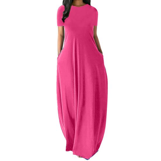 Mulheres o pescoço manga curta maxi vestido solto bainha bolsos laterais cintura alta cor sólida vestido longo streetwear