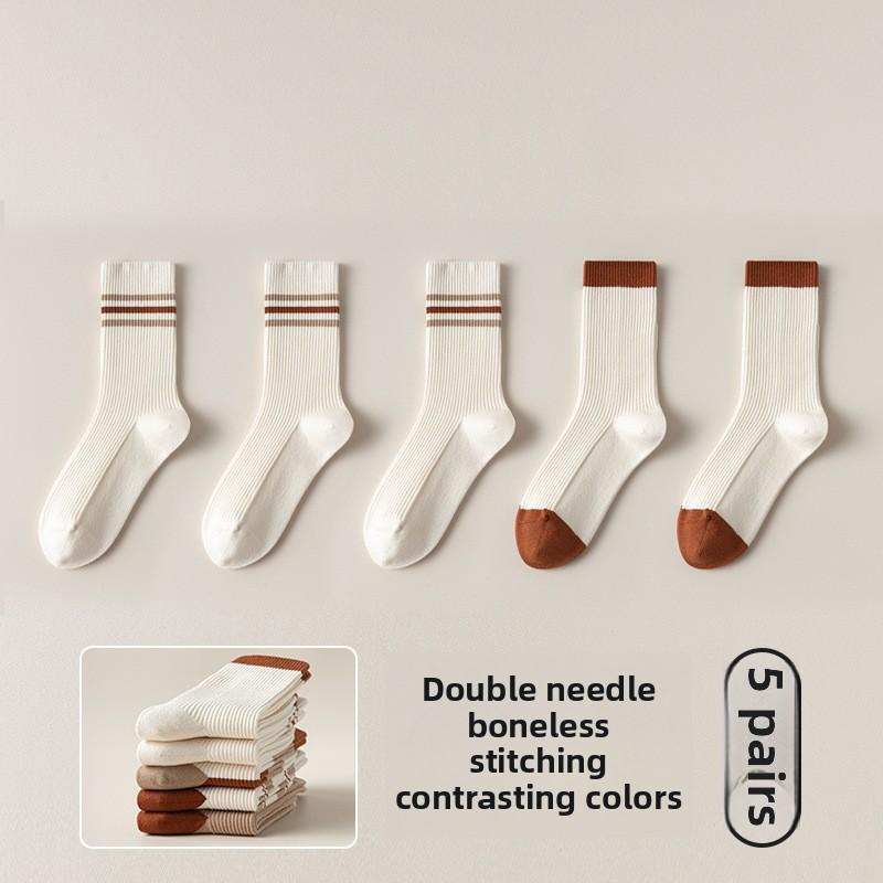 5 Pairs of Female Autumn and Winter Sweat Absorbing Deodorizing Fashion Color Collision Boneless Soft Tube Socks