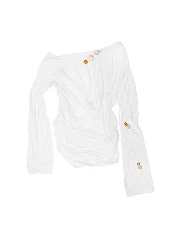 

A-bao Style Beaded Off-Shoulder Deep V Long Sleeve Slimming Cover-up Medium (M) білий