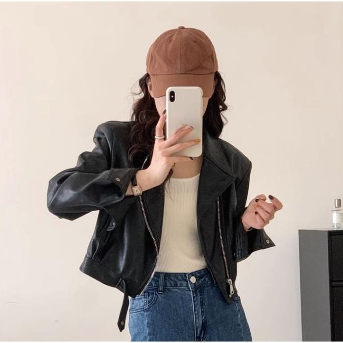 Jachetă scurtă pentru motocicletă, elegantă, cafea, haină din piele PU pentru femei, cu Design Sense