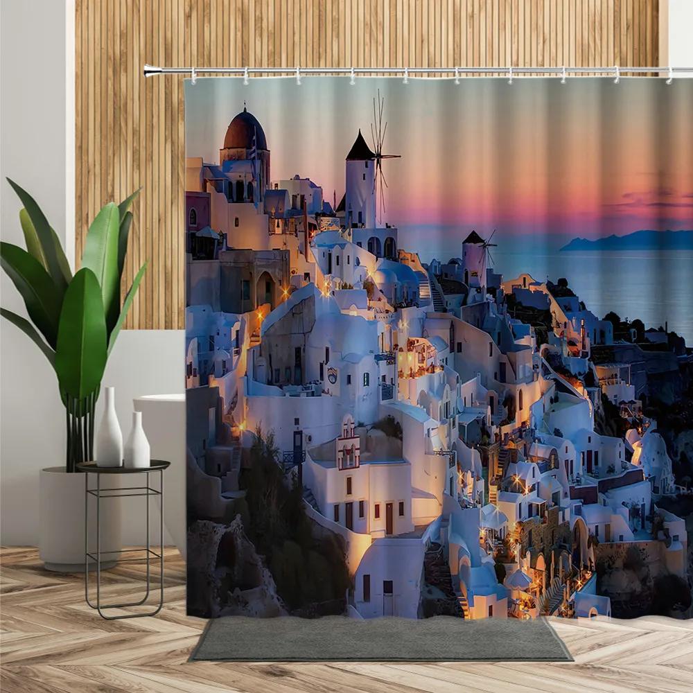 Scenery Shower Curtain Greece Seaside City Blue House Printed Fabric Bath Curtain Home Bath Decoration Bathtub Screen With Hooks
