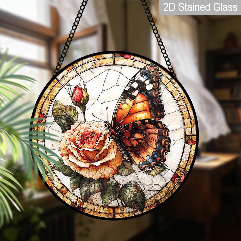 2D Flat, 1pc Butterfly & Rose Round 7.87in Glass Suncatcher, Monarch Butterfly & Rose Print Window Hanging Ornament, Romantic Floral Home Decor