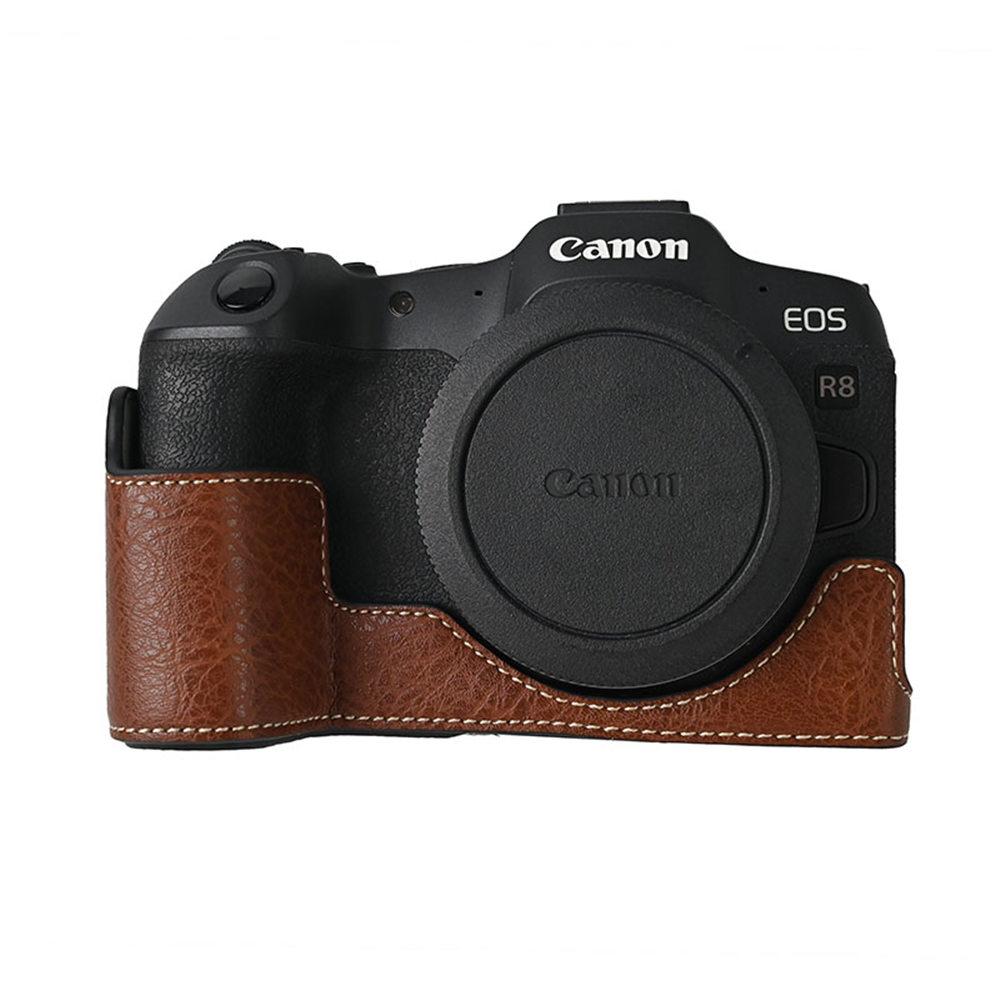 R8 Skórzany Pokrowiec Pół-Etui PU Wzór Litchi do Aparatu Canon EOS R8 Otwór Dolny Pokrywa Magnetyczna