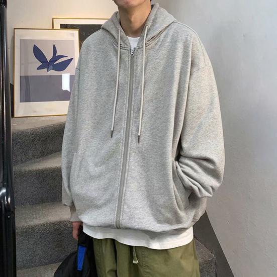 Men Hooded Jacket Zip-up Loose Sweatshirt Jacket Solid Color Casual