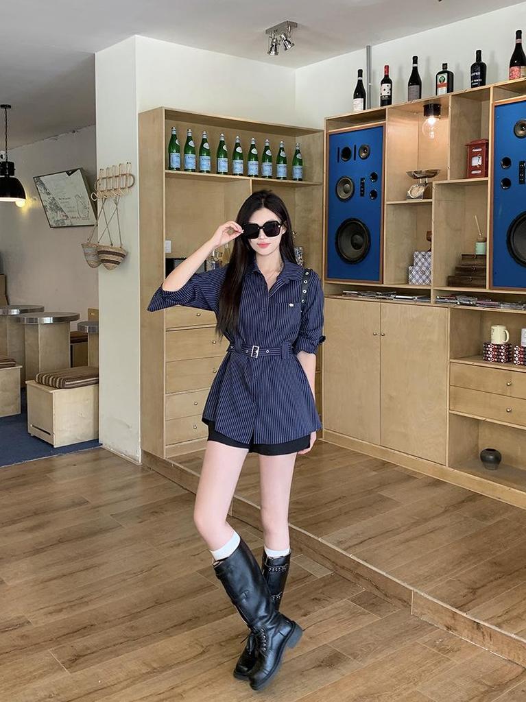 Spring 2026 Plus Size Women's Striped Slimming Long-Sleeve Shirt