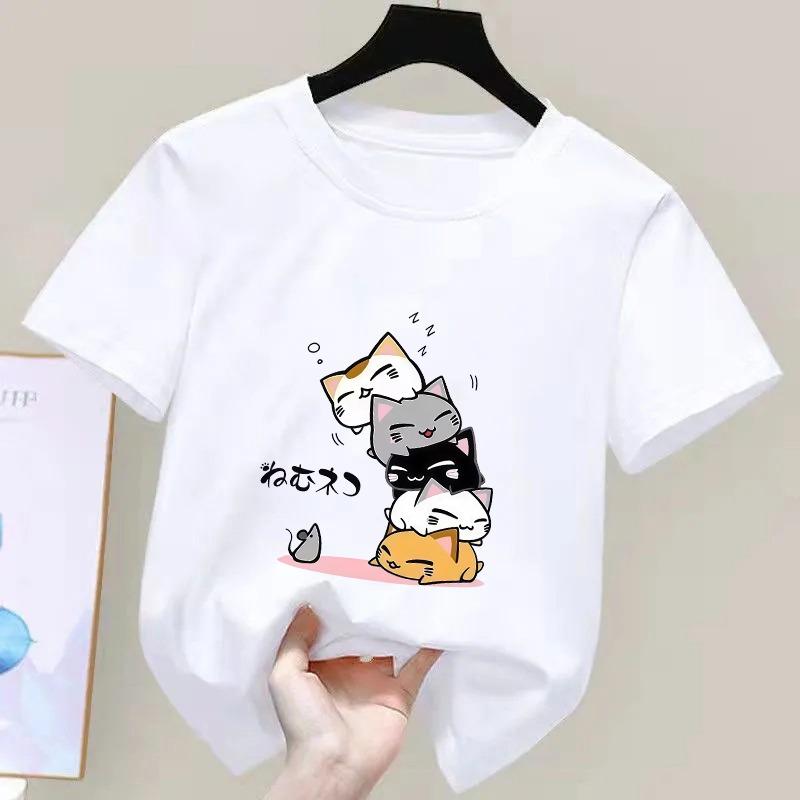 Cute Cat Graphic Kids Tshirts Summer Short Sleeve Tees Cartoon Animal Boys Girls Clothes Kawaii Kitten Tops Y2K Children T-shirt