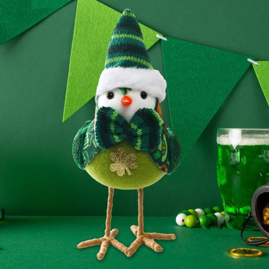 St. Sankt Patricks Dags Gosedjursfågelprydnad Stickad Hög Hatt Klöverbåge Grön Fågelfigur Hållbar Festbordsdekoration