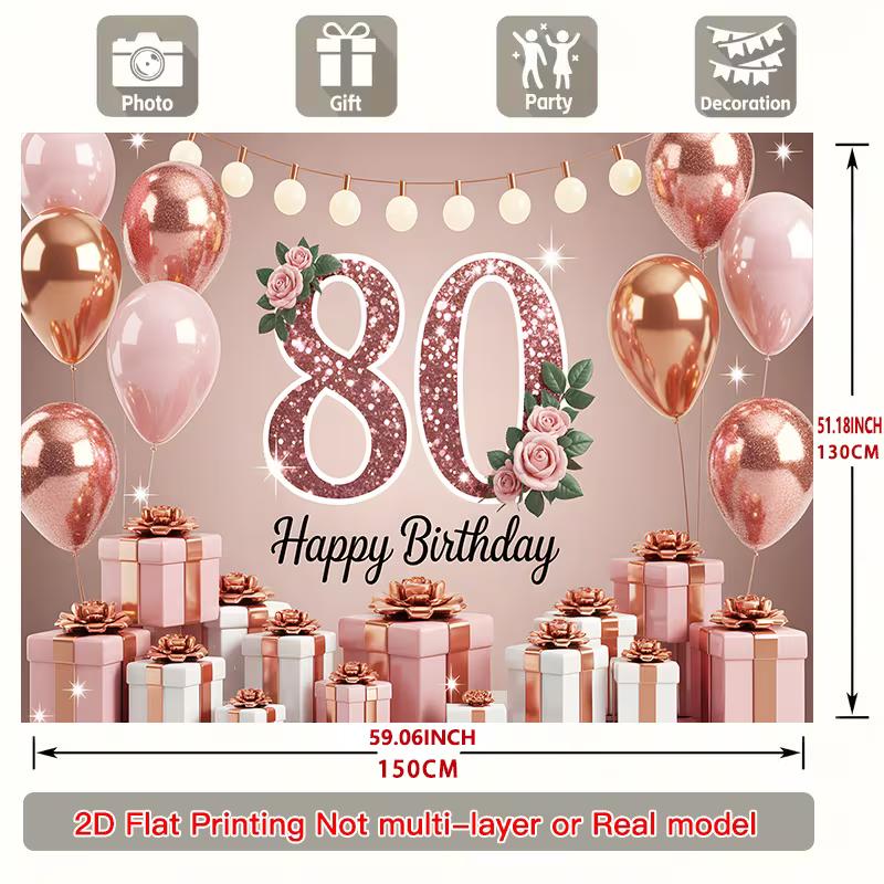 2D Rose Gold 80th Birthday Photography Background, Pink Gold Party Decoration
