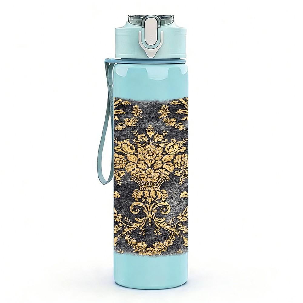 1PC Dark Vintage Damask Pattern Print 750ml Color Plastic Sports Water Bottle Leakproof Flip Straw Lid Suitable for Sports Office Home Use