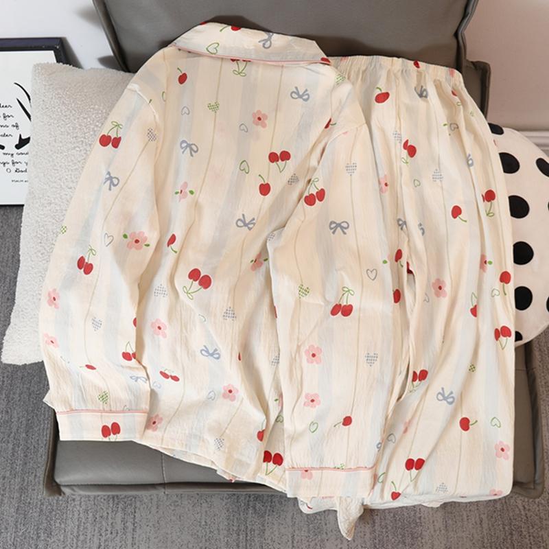 Cute Cherry Flower Bow Tie Print 2 Pieces Women's Pajamas Set Button V-neck Design Women's Sleepwear Cartoon Homewear