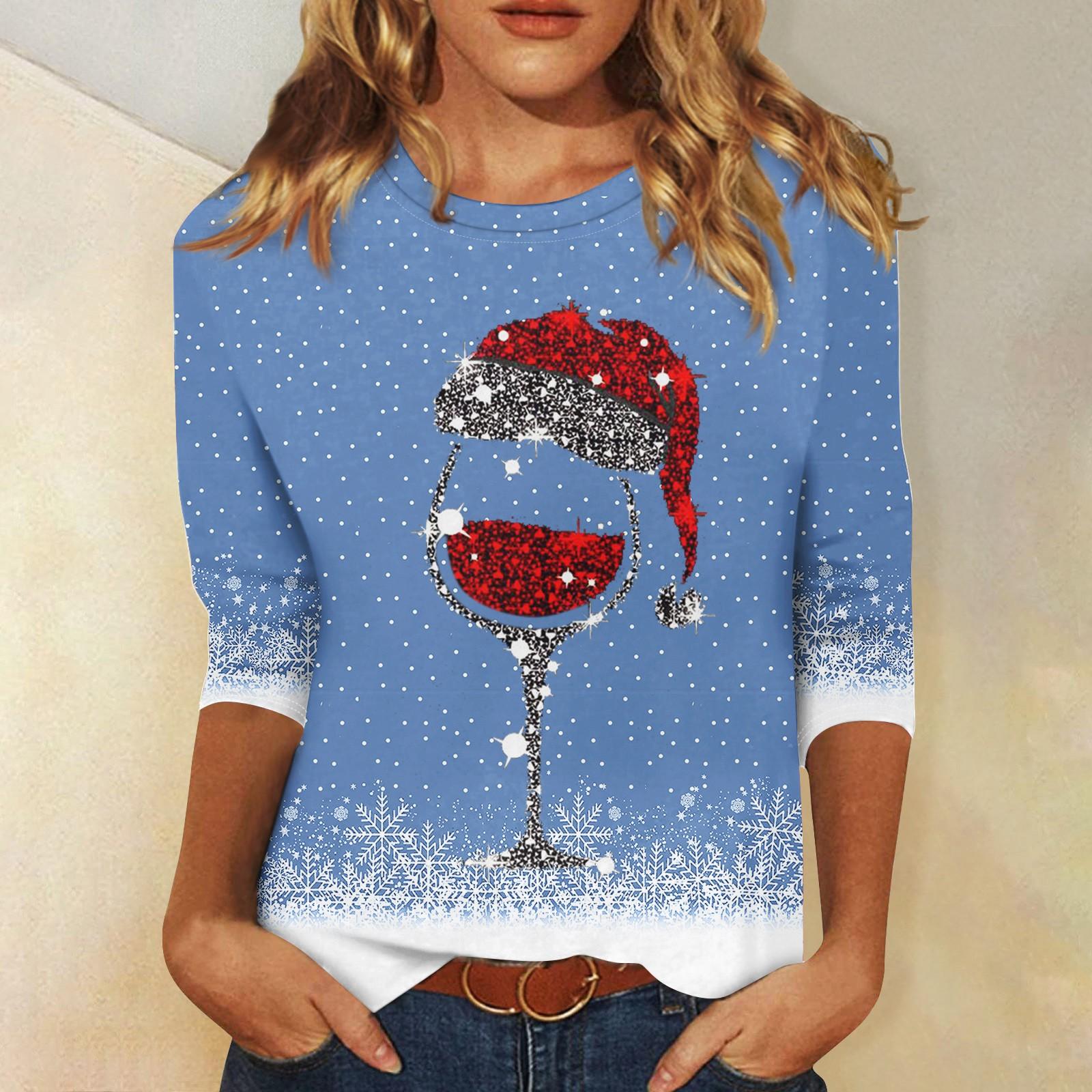 

Рубашки с рукавом 3/4 для женщин, милые футболки с графическим принтом, блузки, повседневные, больших размеров, базовые топы, пуловеры на Рождество M небесно-голубой