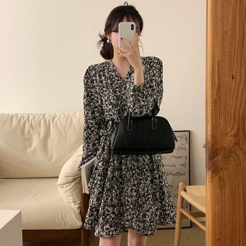 Women's Slimming Long Sleeve Floral A-line Dress - French Style, Spring/Autumn