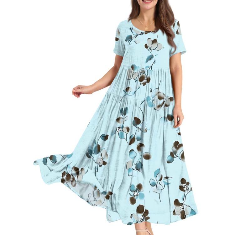 Women Summer Boho Floral Printed Loose Dress Round Neck Short Sleeve