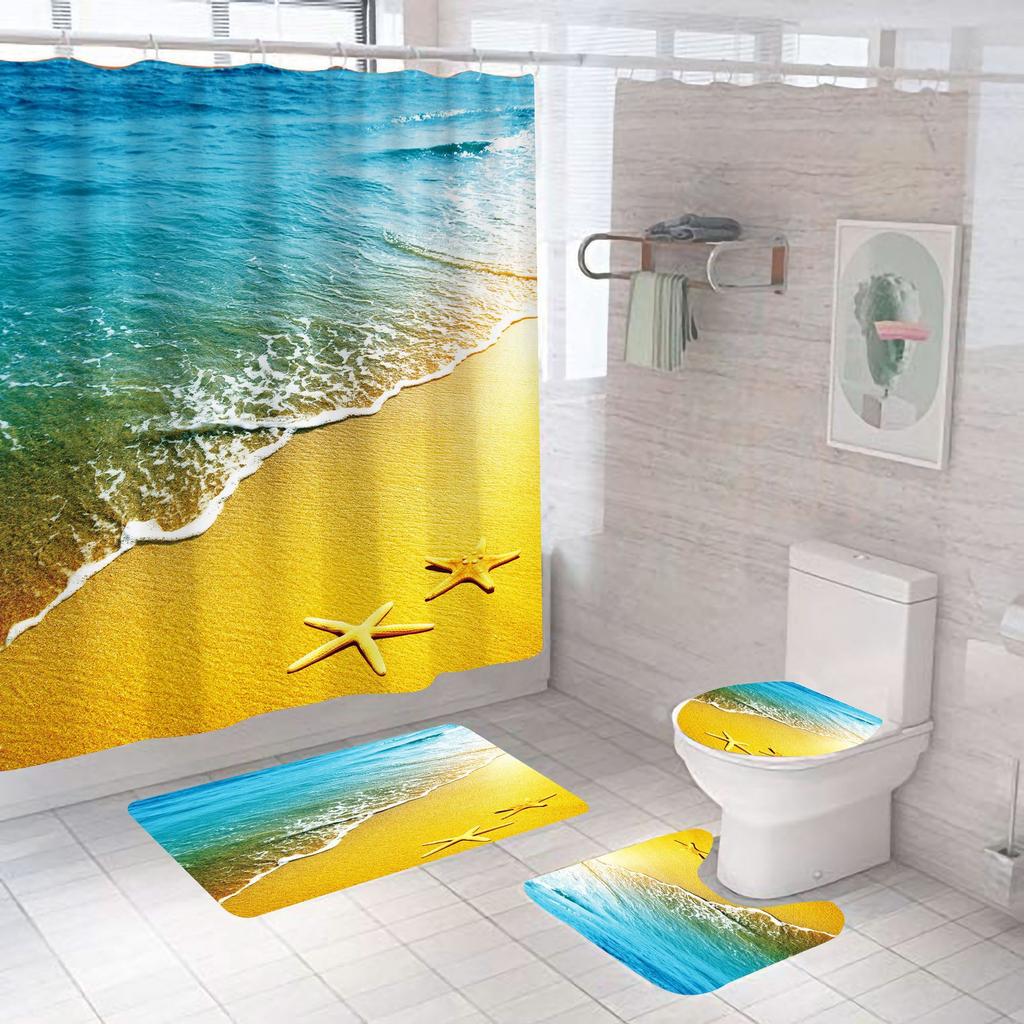 Bathroom Shower Curtain Four-piece Digital Printing Beach Shell Waterproof Shower Curtain Shower Curtain Partition Curtain Bath Mat