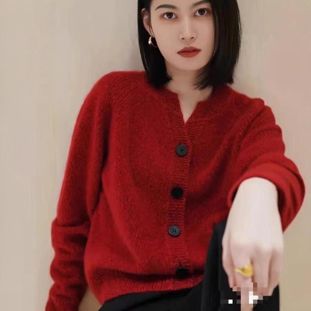 Women's Zodiac Red Cashmere Cardigan - Thick Round Neck, Chinese Style for Autumn/Winter