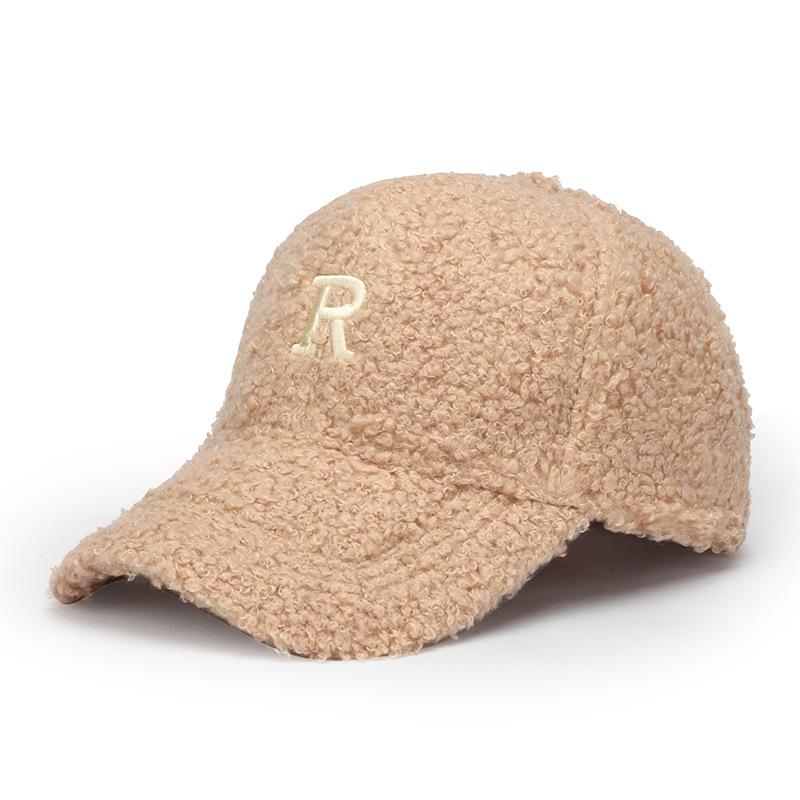 Embroidery R Letter Lamb Wool Baseball Cap Women's Autumn and Winter Casual Cap