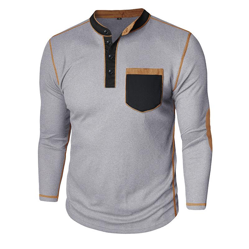American Retro Men's Long-Sleeved Henry Collar T-Shirt Foreign Autumn and Winter Patchwork Waffle Tshirt Casual Tops