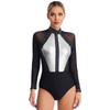 Womens Figure Skating Bodysuit Color Block Patchwork Keyhole Back Sheer Mesh Long Sleeve Rhinestone Leotard