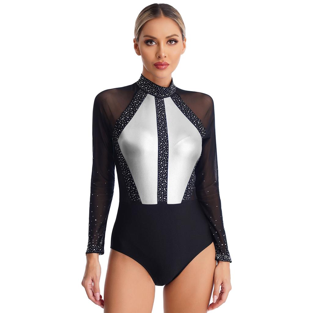 Womens Figure Skating Bodysuit Color Block Patchwork Keyhole Back Sheer Mesh Long Sleeve Rhinestone Leotard