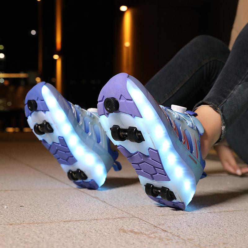 Kid's Roller Skates Removable Flat Charging LED Four Wheels Glowing Sports Shoes Pink Women's Glowing Sneakers