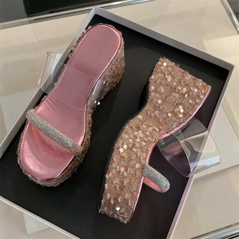 Fashion Eilyken Summer Street Style Crystal PVC Transparent Sequin Women Slippers Fashion High Heels Platform Wedges Shoes
