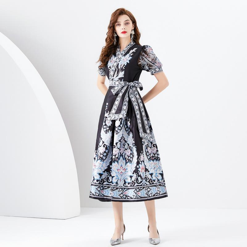 Urlaub Wickelstil V-Ausschnitt Laternenärmel Langes bedrucktes Kleid Damen