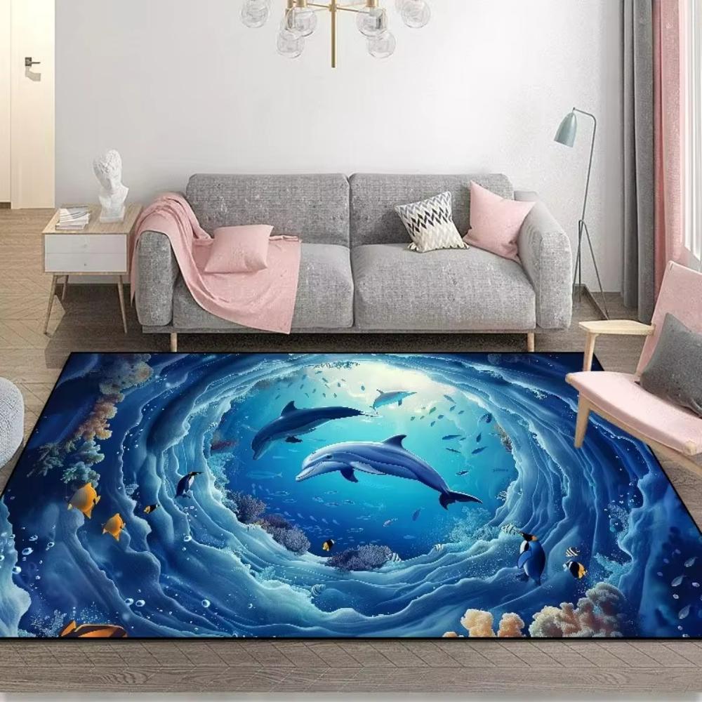 Blue Ocean 3D Dolphin Fish Theme Carpet Living Room Decor Sofa Rug Home Bedside Rug Balcony Coffee Table FloorMat Kid's Play Mat