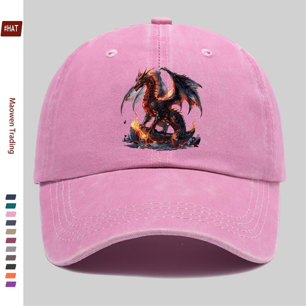 Pc Baseball Cap with Red Dragon Standing On Flaming Rock Pattern Print Fashionable Casual Fire Dragon Print Design Golf Cap H