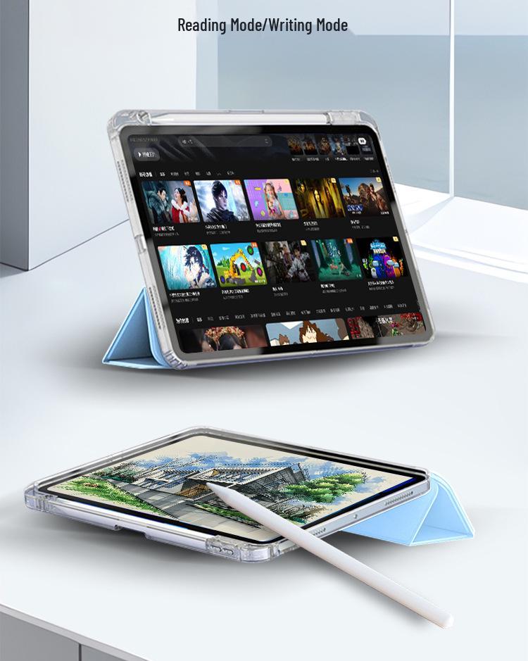 iPad Protective Case: Three-Fold Stand, Flip Cover with High Transparency, Anti-Drop Protection, and Pen Slot Design.